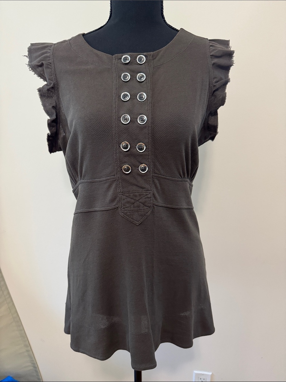 Marc Jacobs Olive Green Sleeveless Button-Front Tank with Ruffle Trim